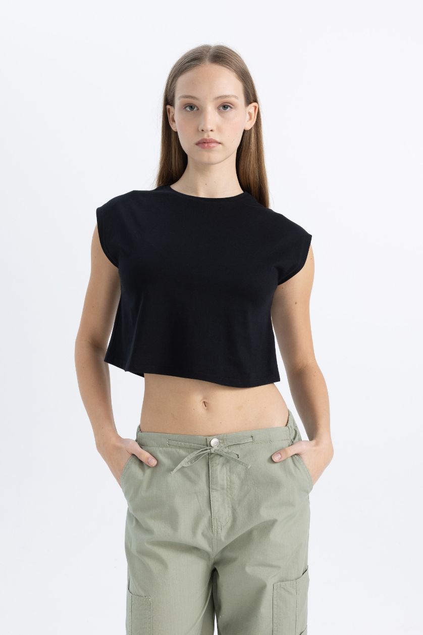 Kadın Siyah Coool Loose Fit Bisiklet Yaka Basic Düz Atlet