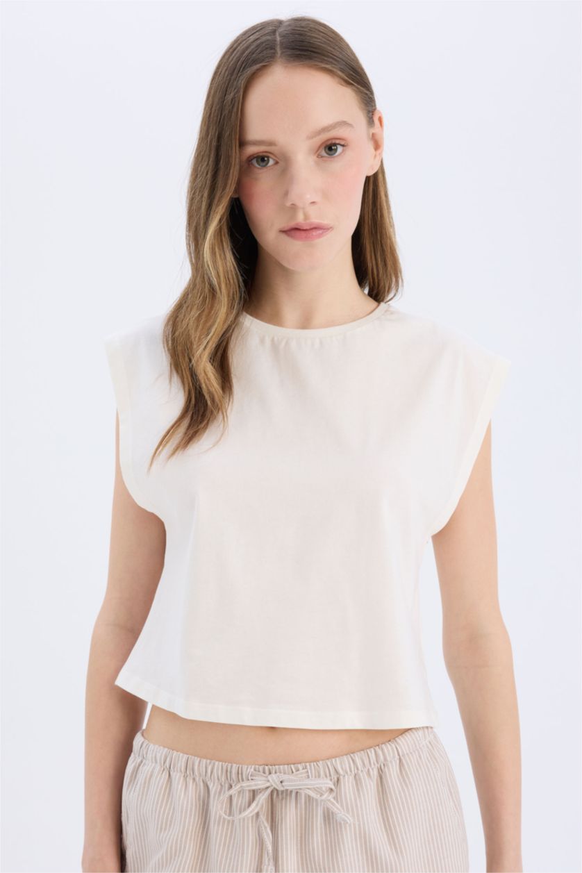 Kadın Kırık Beyaz Coool Loose Fit Bisiklet Yaka Basic Düz Atlet