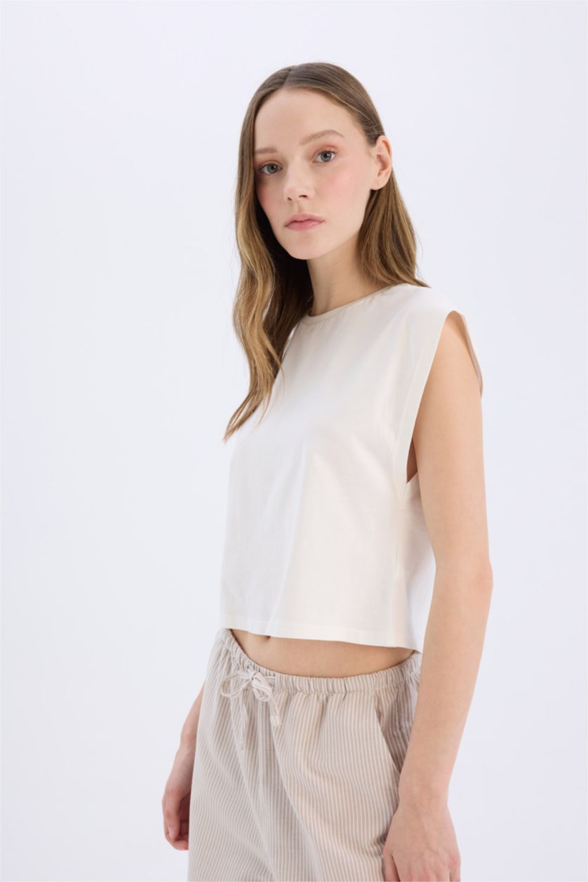 Kadın Kırık Beyaz Coool Loose Fit Bisiklet Yaka Basic Düz Atlet