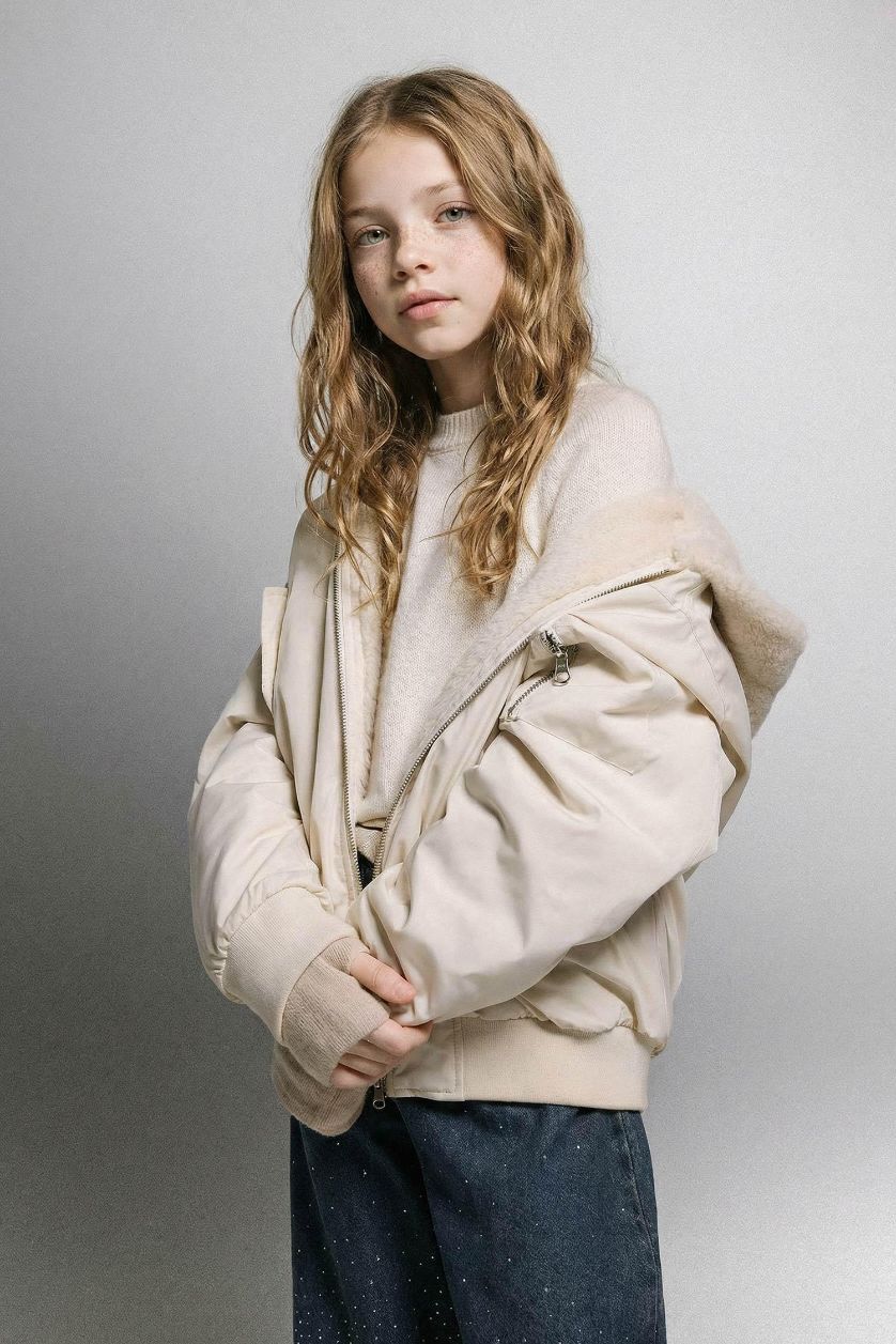 GIRLS & TEENS Ecru Girl Double Sided Hooded Zippered Jacket