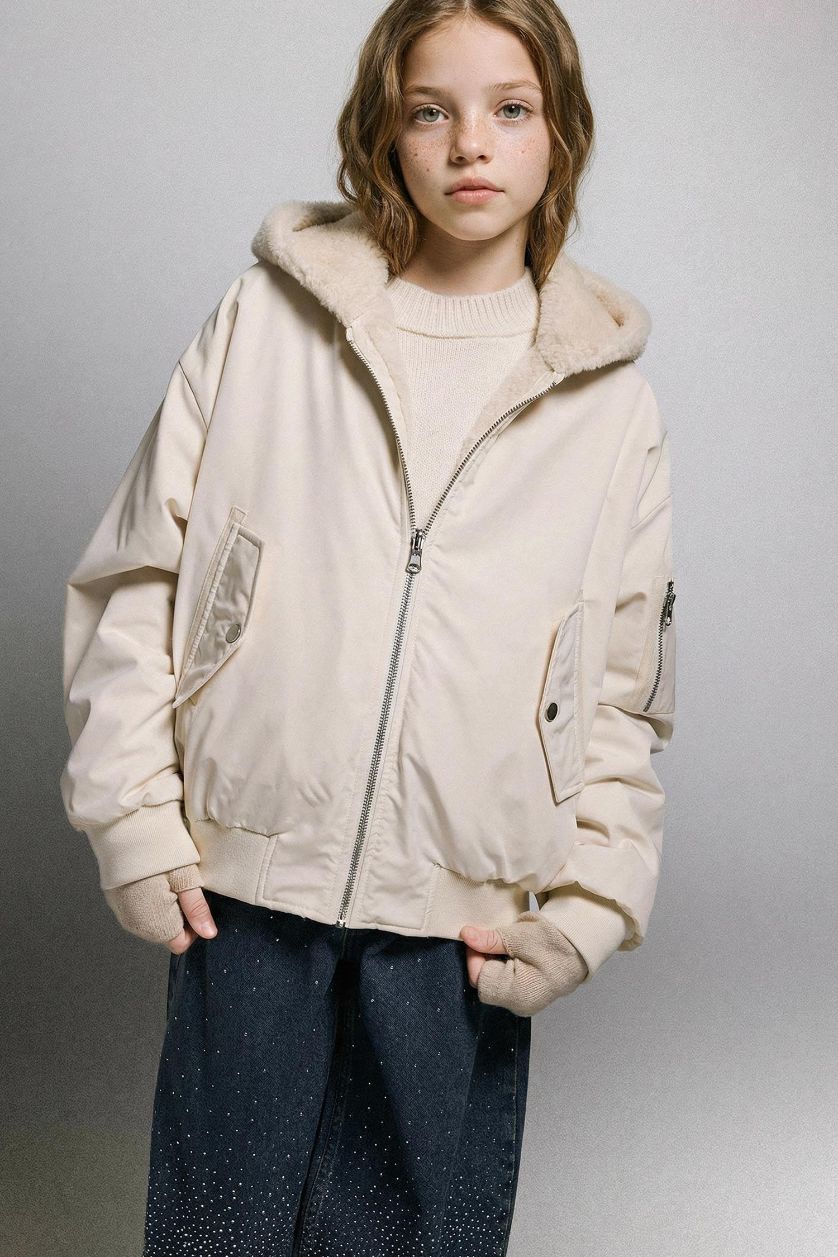 GIRLS & TEENS Ecru Girl Double Sided Hooded Zippered Jacket