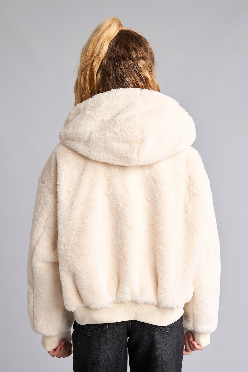 Kız Çocuk - Genç Kız Ekru Peluş Kapüşonlu Bomber Mont Kız Çocuk