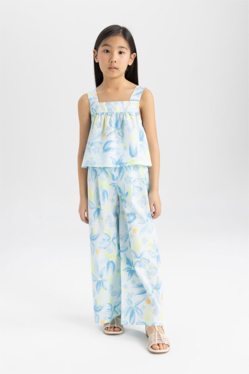 Kız Çocuk - Genç Kız Açık Mavi Kız Çocuk 2'li Takım Desenli Poplin Askılı Bluz Pantolon