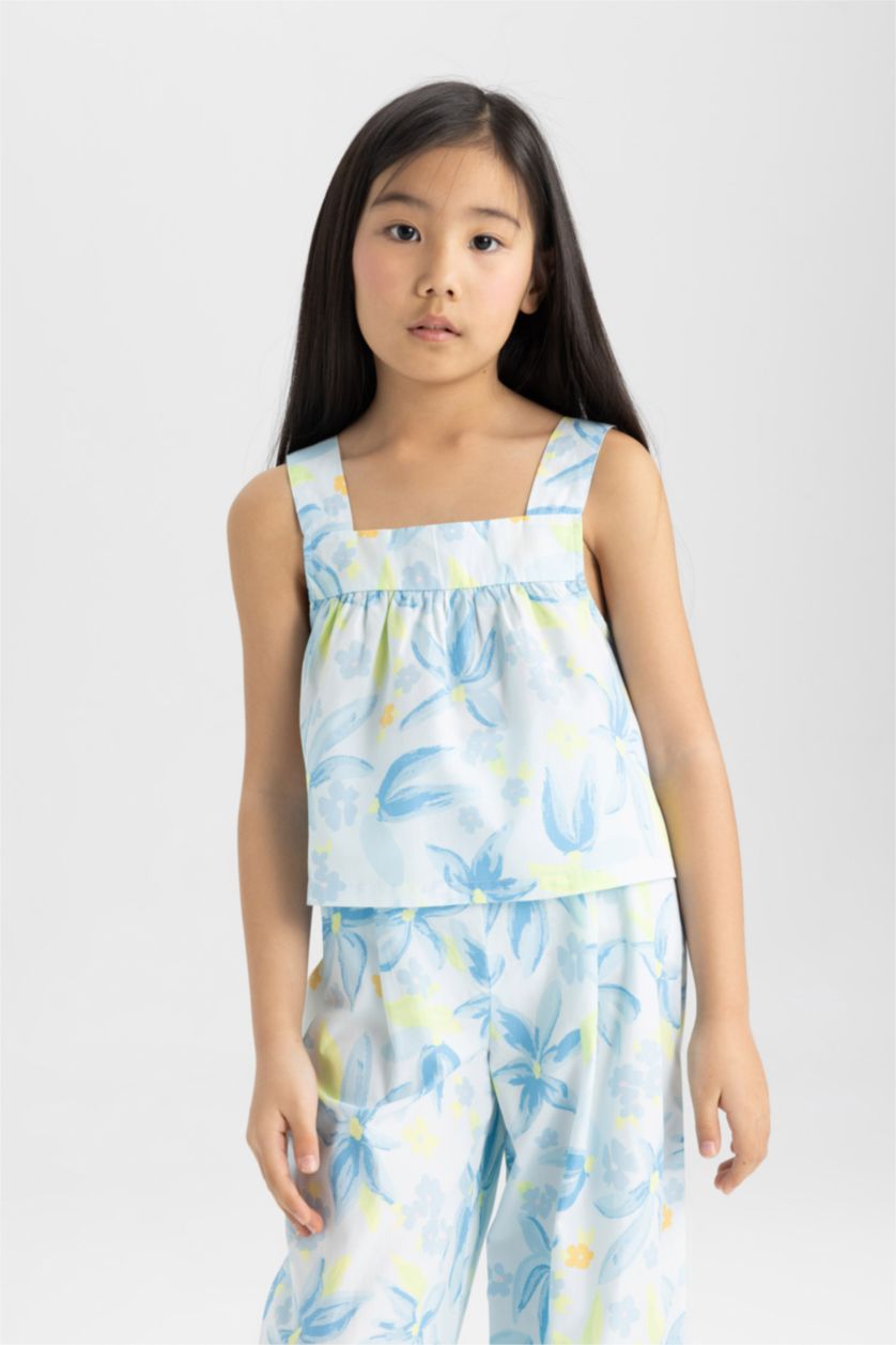 Kız Çocuk - Genç Kız Açık Mavi Kız Çocuk 2'li Takım Desenli Poplin Askılı Bluz Pantolon