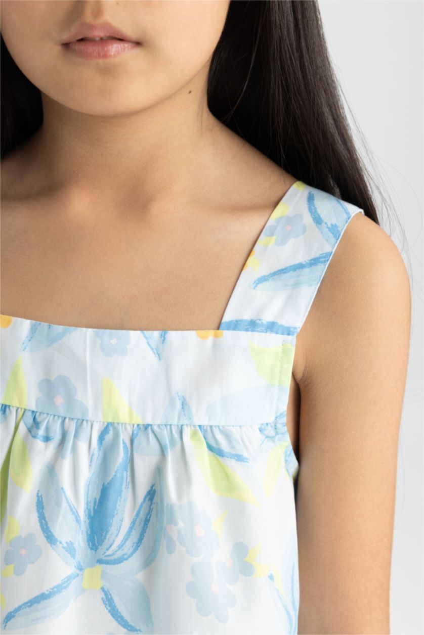 Kız Çocuk - Genç Kız Açık Mavi Kız Çocuk 2'li Takım Desenli Poplin Askılı Bluz Pantolon