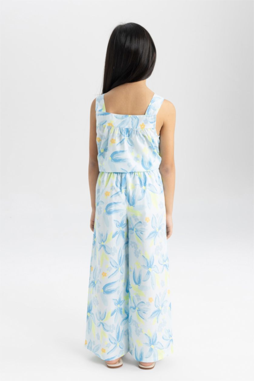 Kız Çocuk - Genç Kız Açık Mavi Kız Çocuk 2'li Takım Desenli Poplin Askılı Bluz Pantolon