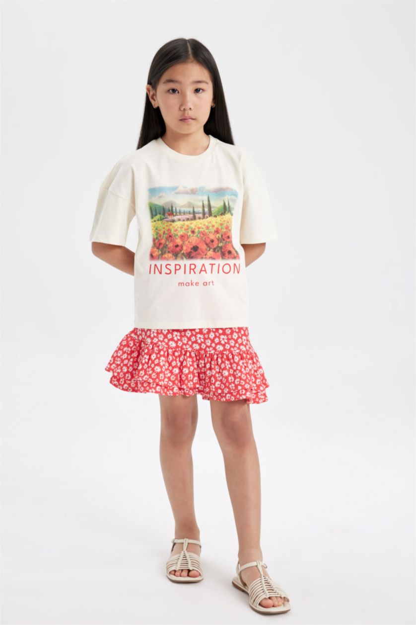 GIRLS & TEENS Ecru Girl Printed Short Sleeve T-Shirt Skirt 2 Piece Set