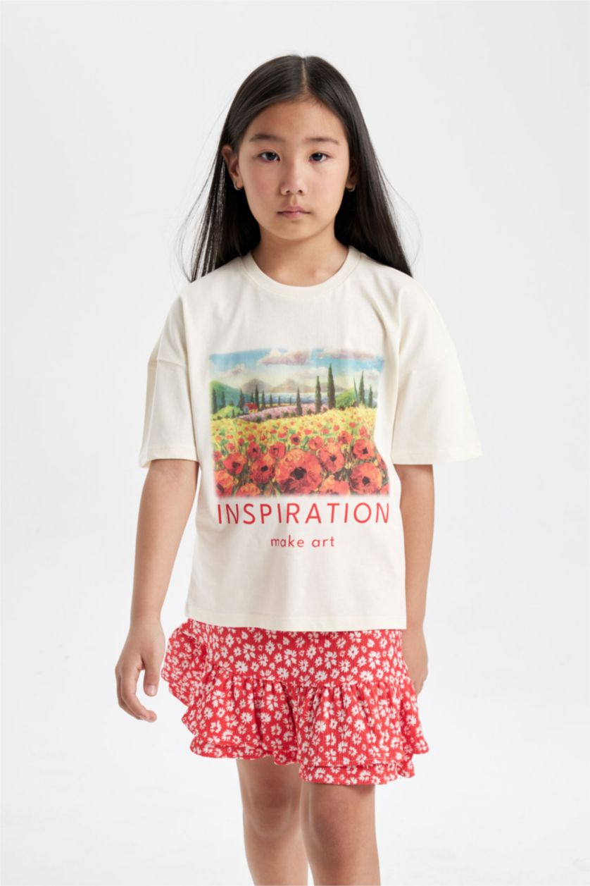 GIRLS & TEENS Ecru Girl Printed Short Sleeve T-Shirt Skirt 2 Piece Set