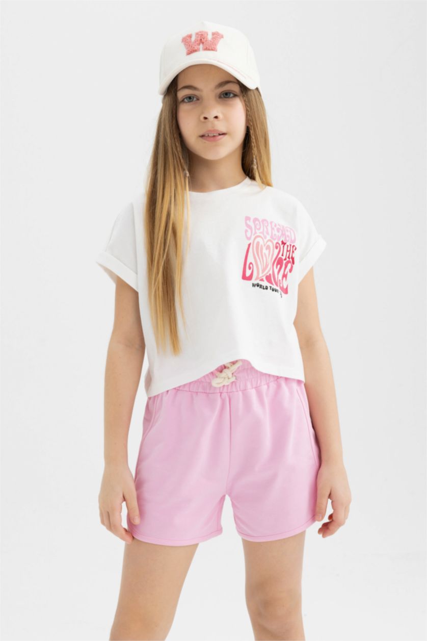 GIRLS & TEENS Ecru Girl Printed Short Sleeve T-Shirt Shorts 2 Piece Set