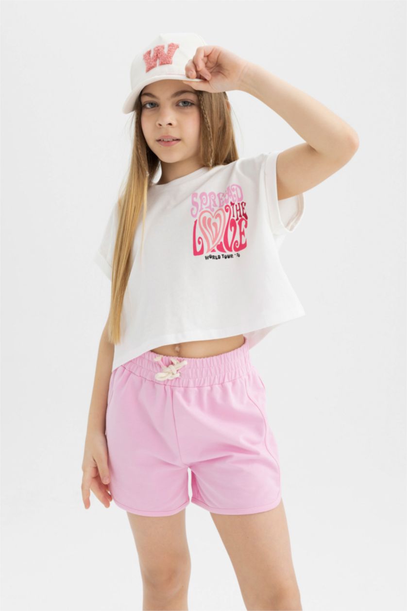 GIRLS & TEENS Ecru Girl Printed Short Sleeve T-Shirt Shorts 2 Piece Set