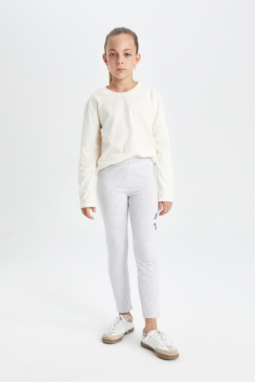 Kız Çocuk - Genç Kız Açık Gri Melange Kız Çocuk Standart Boy Baskılı Tayt