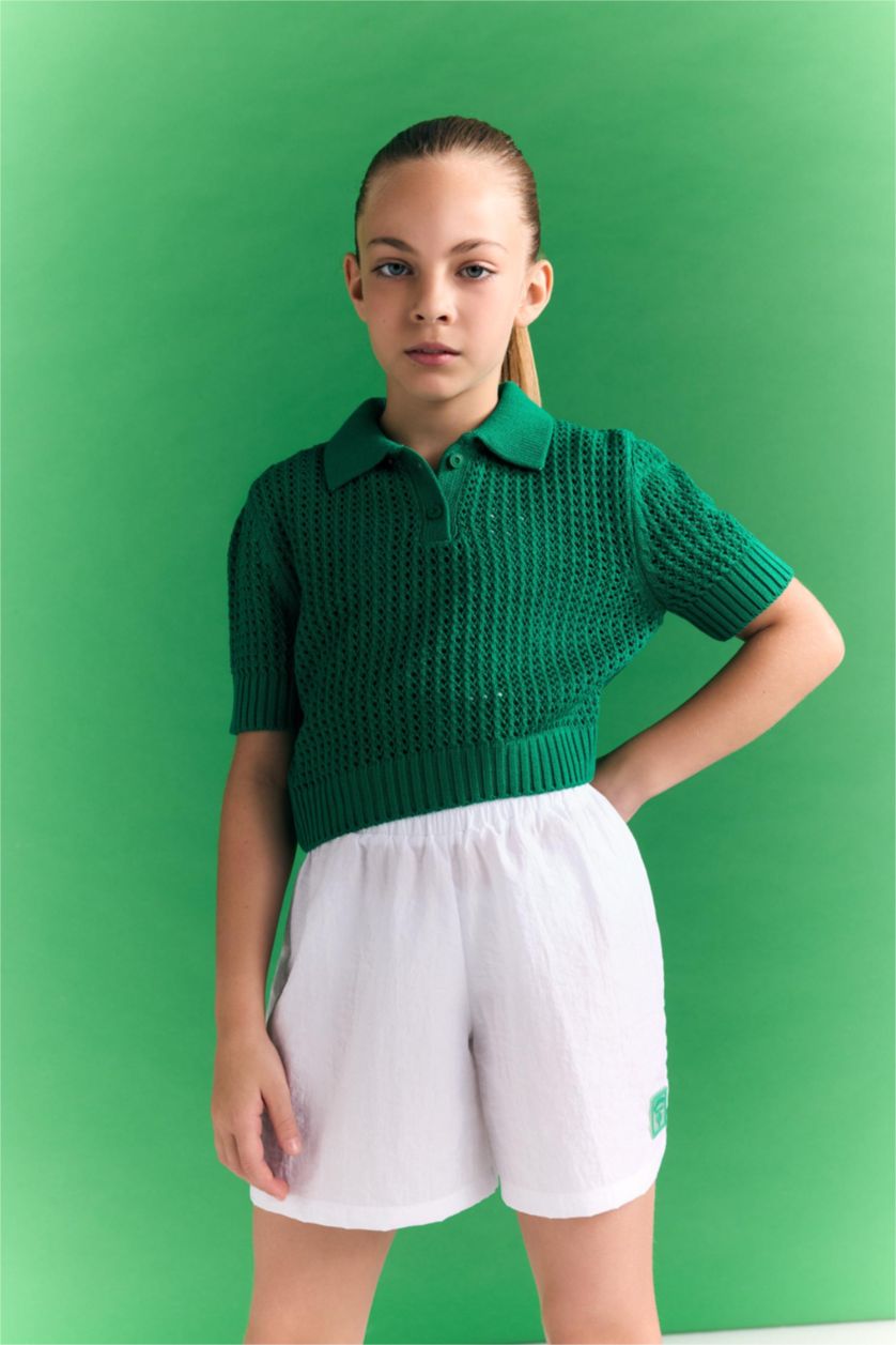 Kız Çocuk - Genç Kız Yeşil Crop Polo Yaka Triko Kazak Kız Çocuk