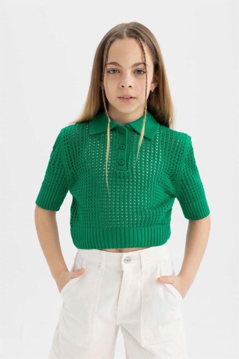 Kız Çocuk - Genç Kız Yeşil Crop Polo Yaka Triko Kazak Kız Çocuk