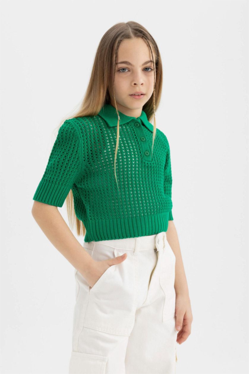 Kız Çocuk - Genç Kız Yeşil Crop Polo Yaka Triko Kazak Kız Çocuk