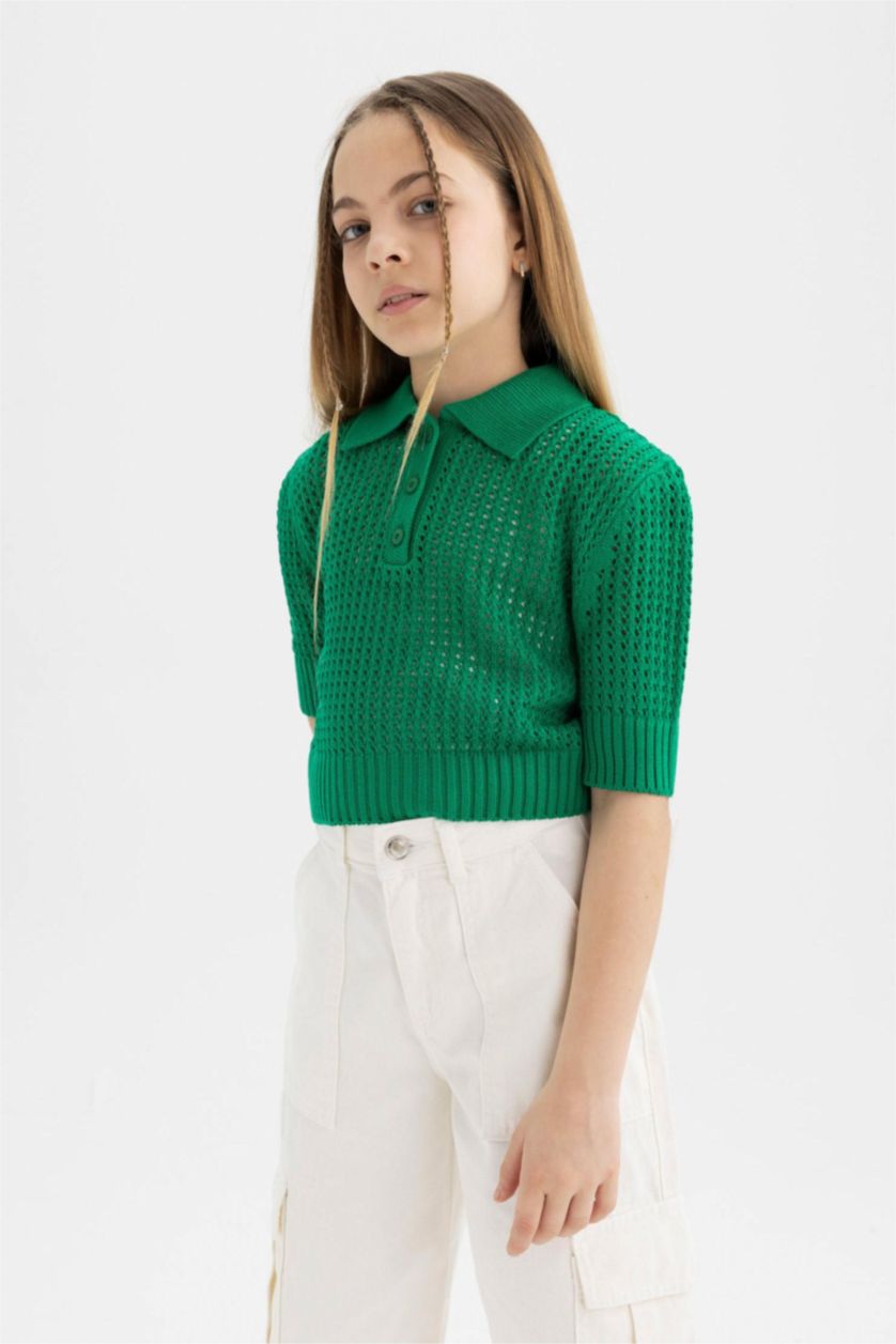 Kız Çocuk - Genç Kız Yeşil Crop Polo Yaka Triko Kazak Kız Çocuk