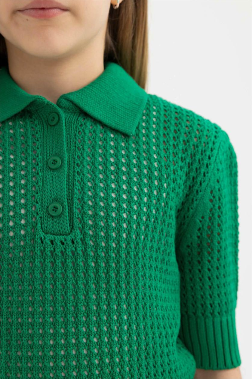Kız Çocuk - Genç Kız Yeşil Crop Polo Yaka Triko Kazak Kız Çocuk