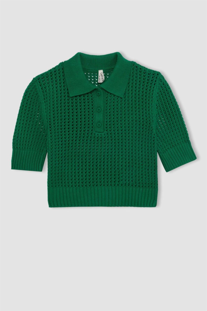 Kız Çocuk - Genç Kız Yeşil Crop Polo Yaka Triko Kazak Kız Çocuk
