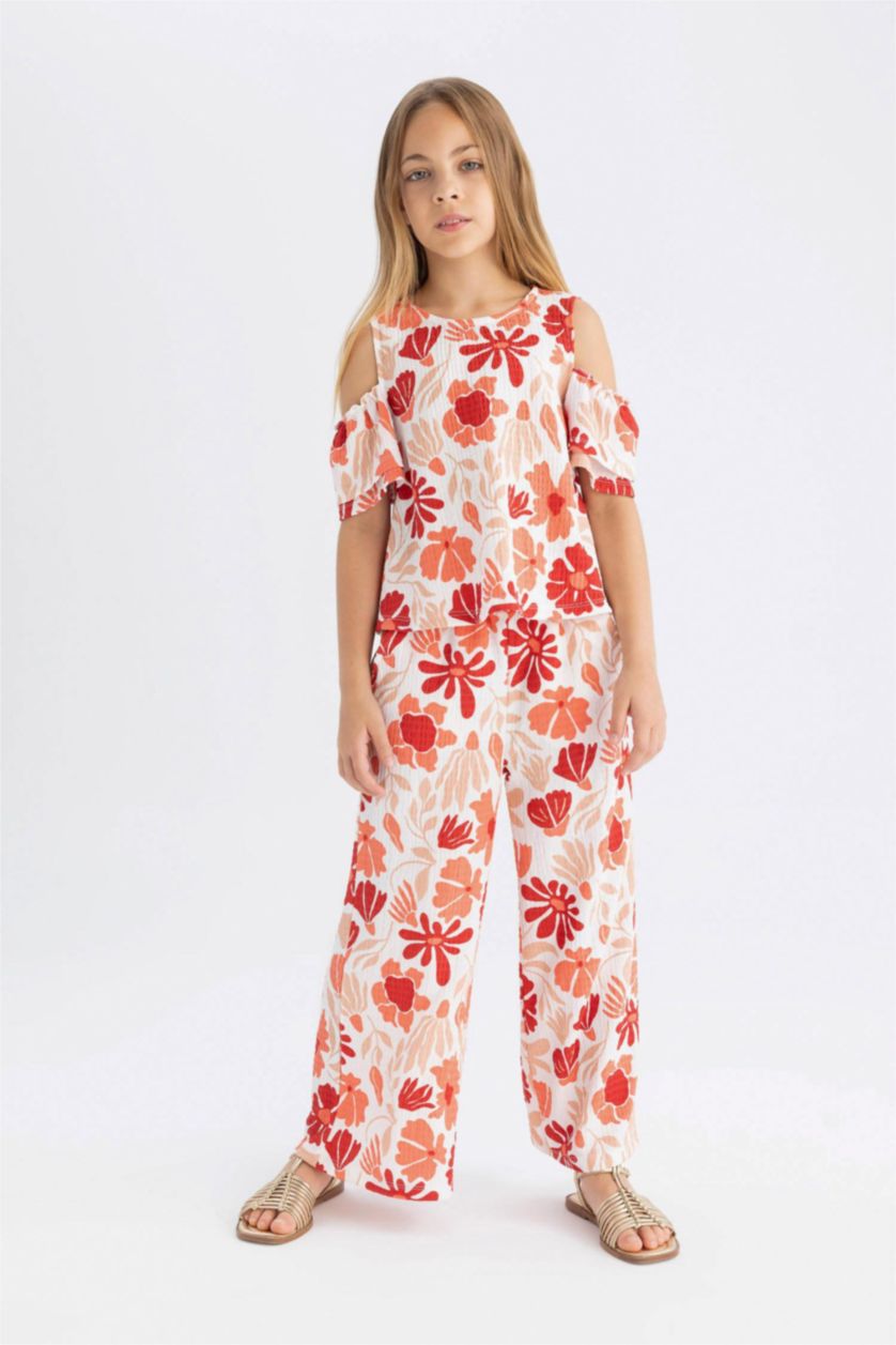 GIRLS & TEENS Coral Girl Wide Leg Floral Wrinkled Trousers