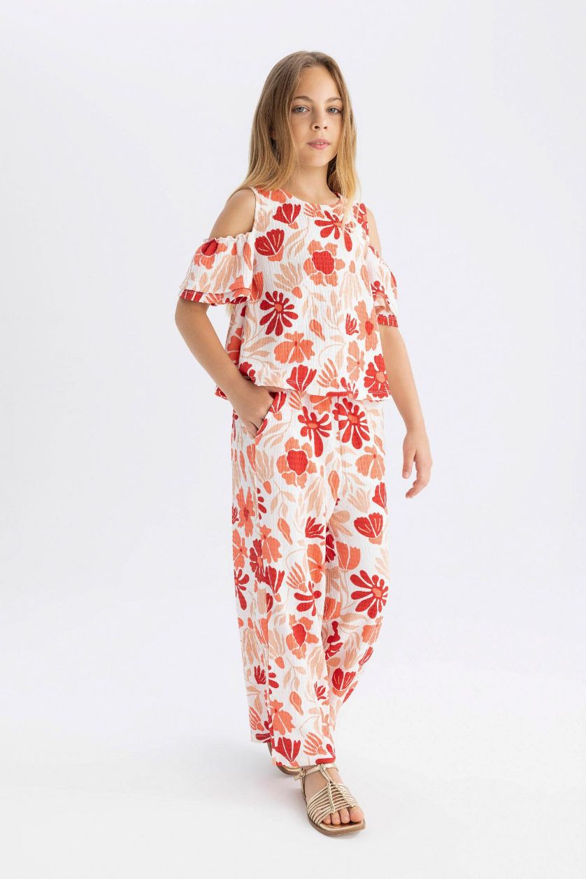 GIRLS & TEENS Coral Girl Wide Leg Floral Wrinkled Trousers