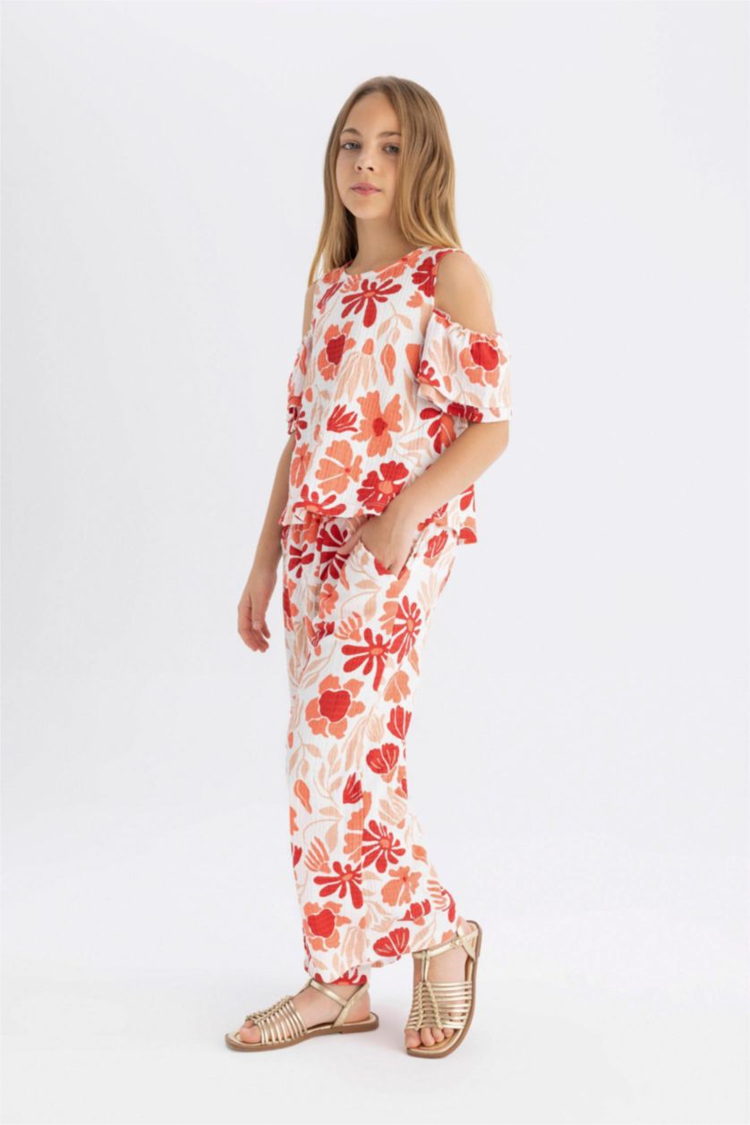 GIRLS & TEENS Coral Girl Wide Leg Floral Wrinkled Trousers