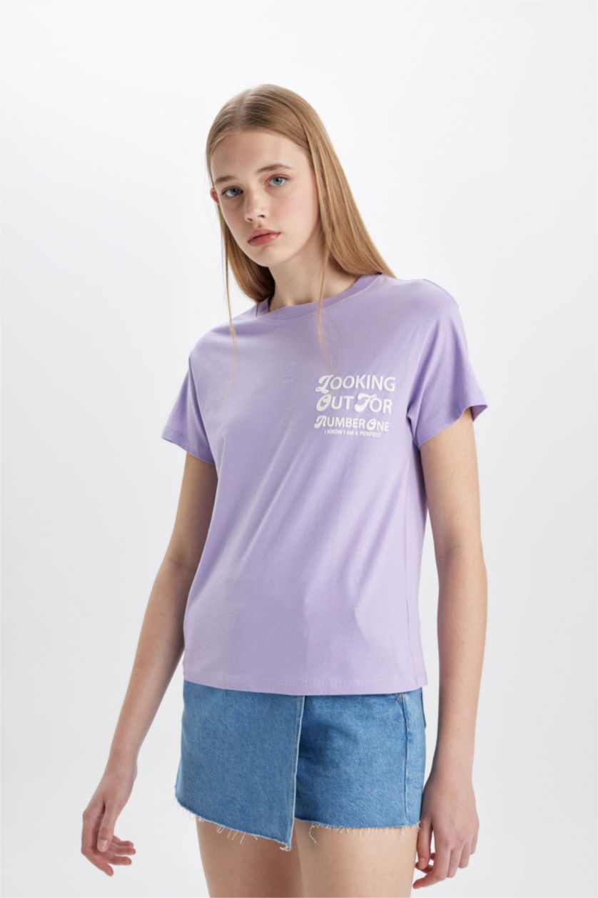 Женщины Светло-сиреневый Футболка стандартного кроя с принтом