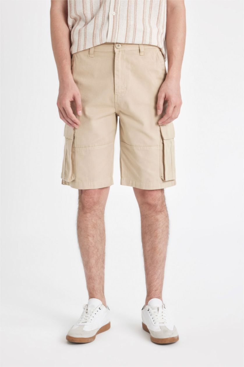 MAN Beige Cargo Fit Gabardine Regular Hem Bermuda Shorts