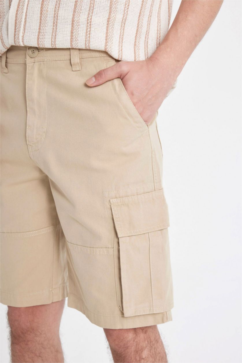 MAN Beige Cargo Fit Gabardine Regular Hem Bermuda Shorts