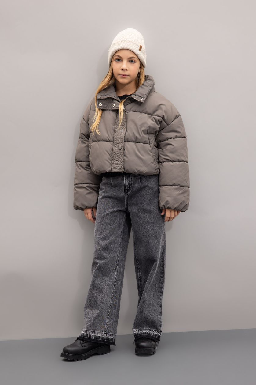 Kız Çocuk - Genç Kız Antrasit Kız Çocuk Su Geçirmez Fermuarlı Çıtçıtlı Cepli Mont