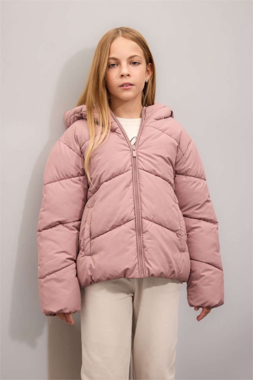 Kız Çocuk - Genç Kız Gülkurusu Kız Çocuk Su İtici Rüzgar Geçirmez Kapüşonlu Cepli Fermuarlı Şişme Mont