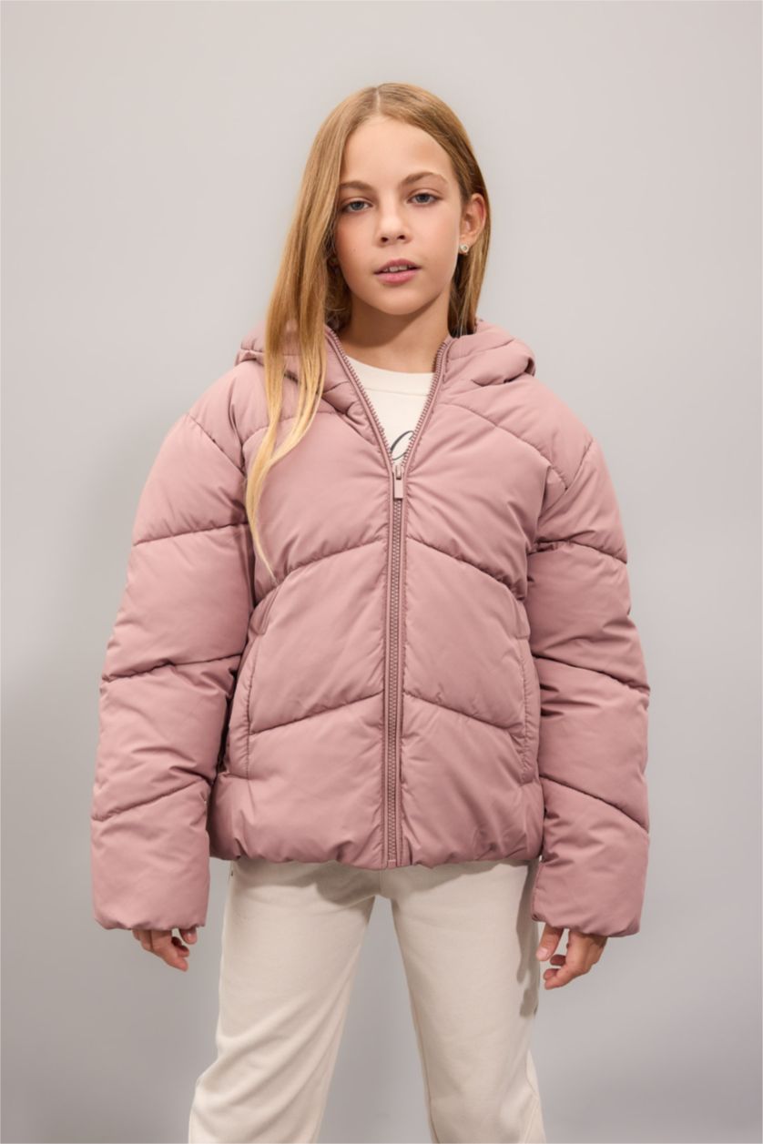 Kız Çocuk - Genç Kız Gülkurusu Kız Çocuk Su İtici Rüzgar Geçirmez Kapüşonlu Cepli Fermuarlı Şişme Mont