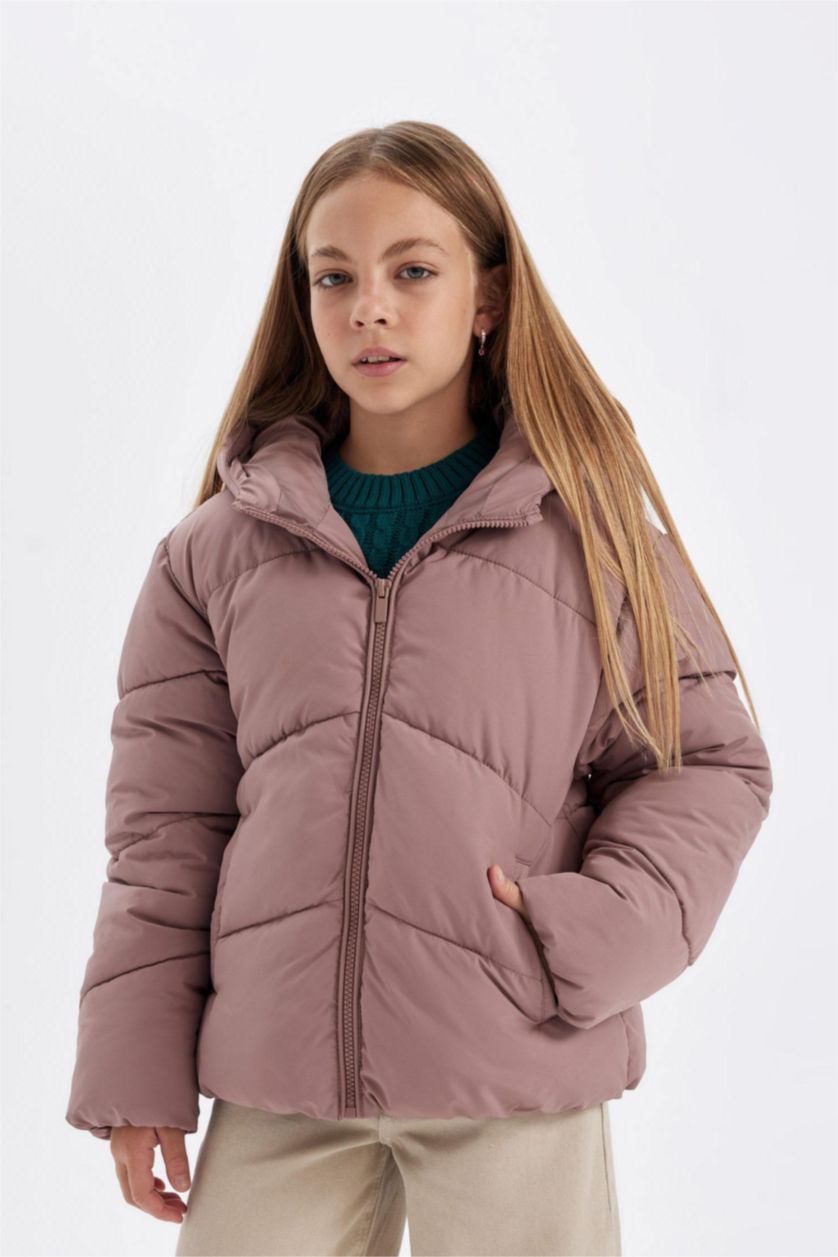 Kız Çocuk - Genç Kız Gülkurusu Kız Çocuk Su İtici Rüzgar Geçirmez Kapüşonlu Cepli Fermuarlı Şişme Mont