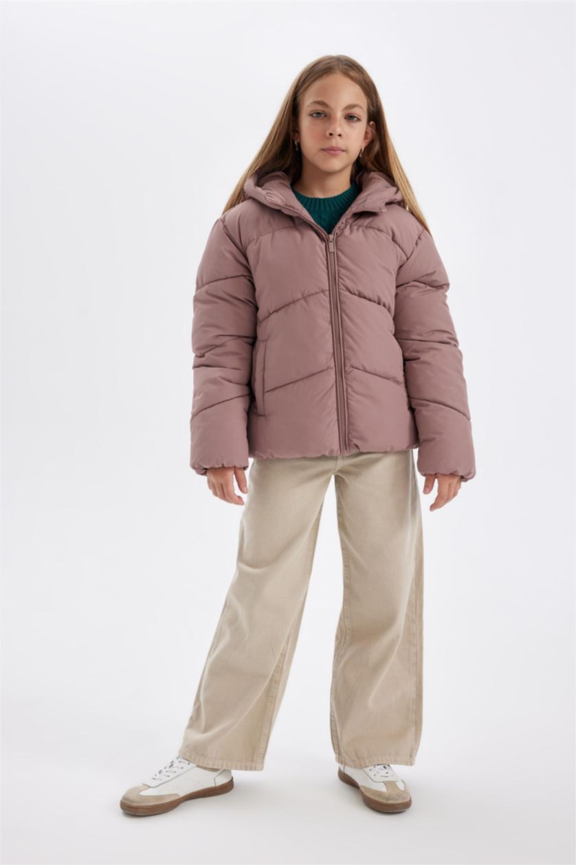 Kız Çocuk - Genç Kız Gülkurusu Kız Çocuk Su İtici Rüzgar Geçirmez Kapüşonlu Cepli Fermuarlı Şişme Mont