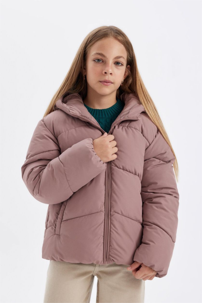 Kız Çocuk - Genç Kız Gülkurusu Kız Çocuk Su İtici Rüzgar Geçirmez Kapüşonlu Cepli Fermuarlı Şişme Mont