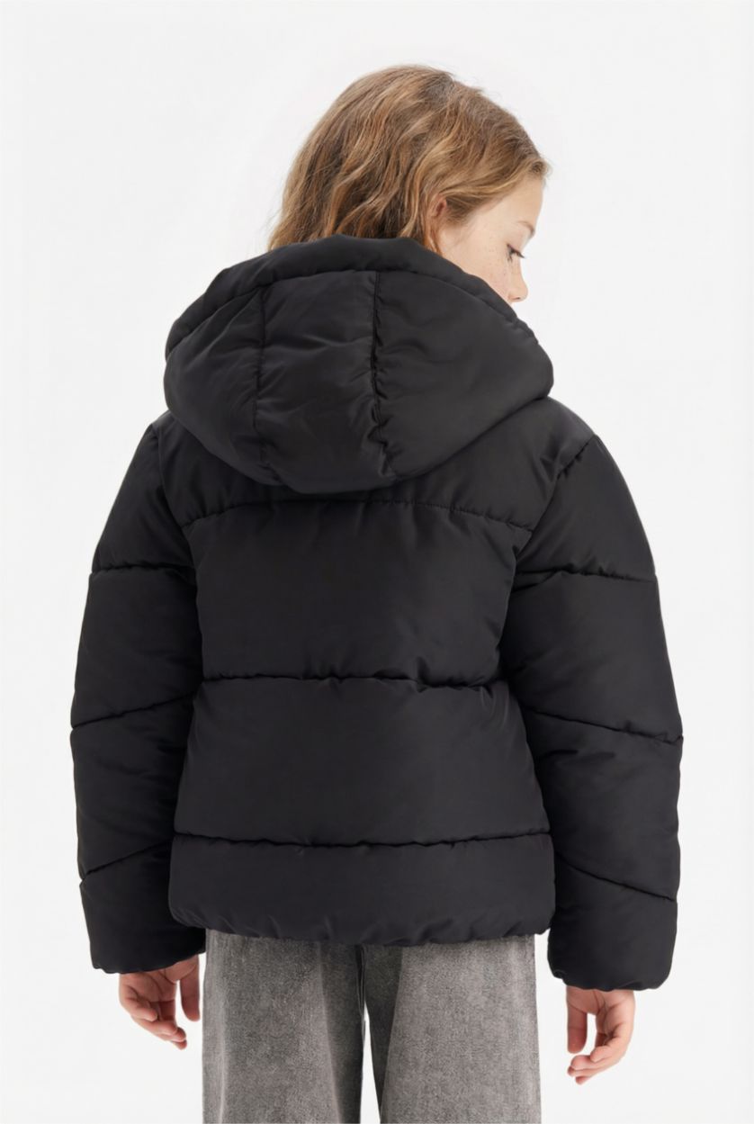 Kız Çocuk - Genç Kız Siyah Su Geçirmez Kapüşonlu Fermuarlı Şişme Mont Kız Çocuk