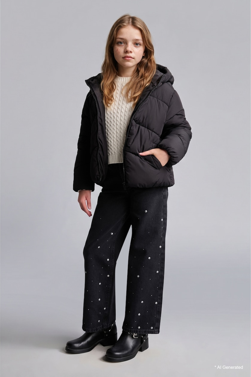 VAJZA & ADOLESHENTE Black Girl Water-Repellent Hooded Zip-Up Puffer Jacket