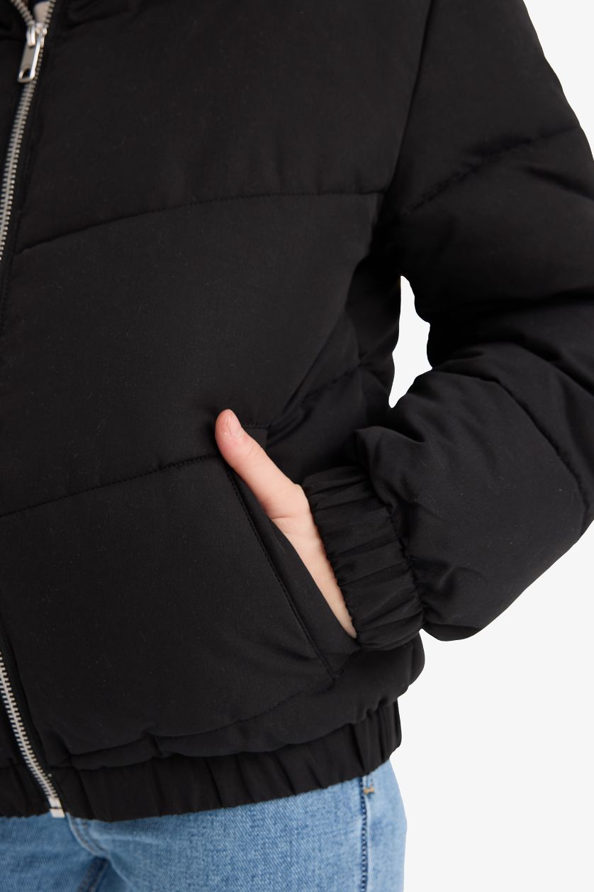 Kız Çocuk - Genç Kız Siyah Pelüş Astar Fermuarlı Mont Kız Çocuk