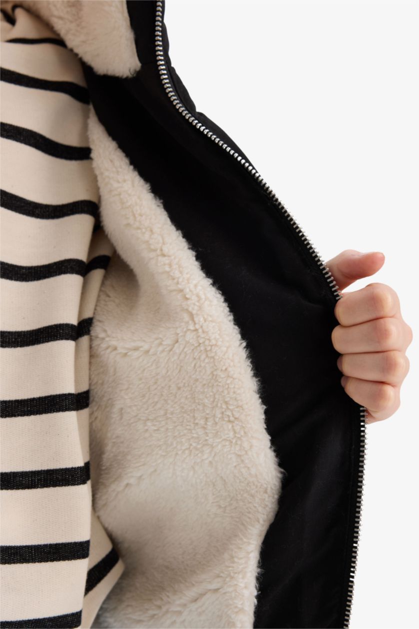 Kız Çocuk - Genç Kız Siyah Pelüş Astar Fermuarlı Mont Kız Çocuk