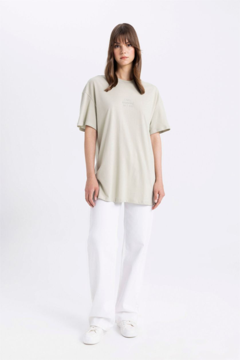 نساء نعناع تونيك تيشيرت نص كم مطبوع قصة عادية برقبة مستديرة