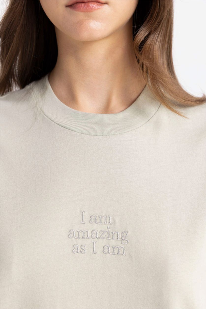 نساء نعناع تونيك تيشيرت نص كم مطبوع قصة عادية برقبة مستديرة