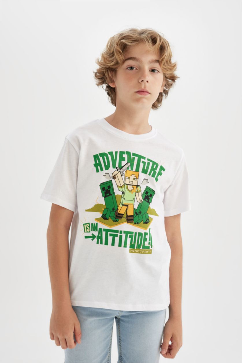 Erkek Çocuk - Genç Erkek Beyaz Erkek Çocuk Minecraft Bisiklet Yaka Kısa Kollu Tişört