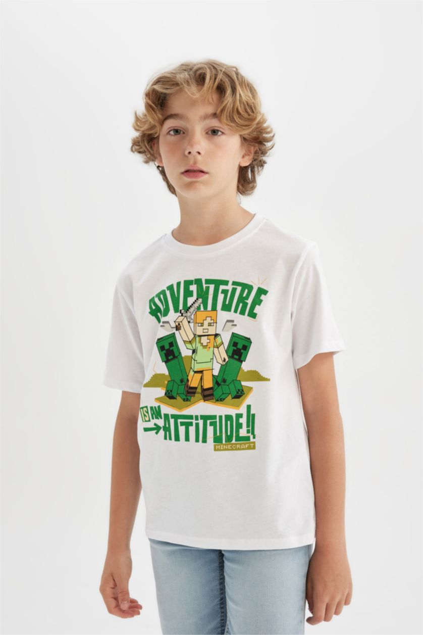 Erkek Çocuk - Genç Erkek Beyaz Erkek Çocuk Minecraft Bisiklet Yaka Kısa Kollu Tişört