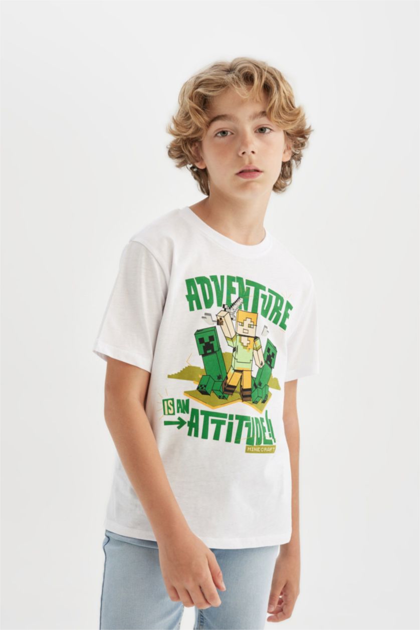 Erkek Çocuk - Genç Erkek Beyaz Erkek Çocuk Minecraft Bisiklet Yaka Kısa Kollu Tişört