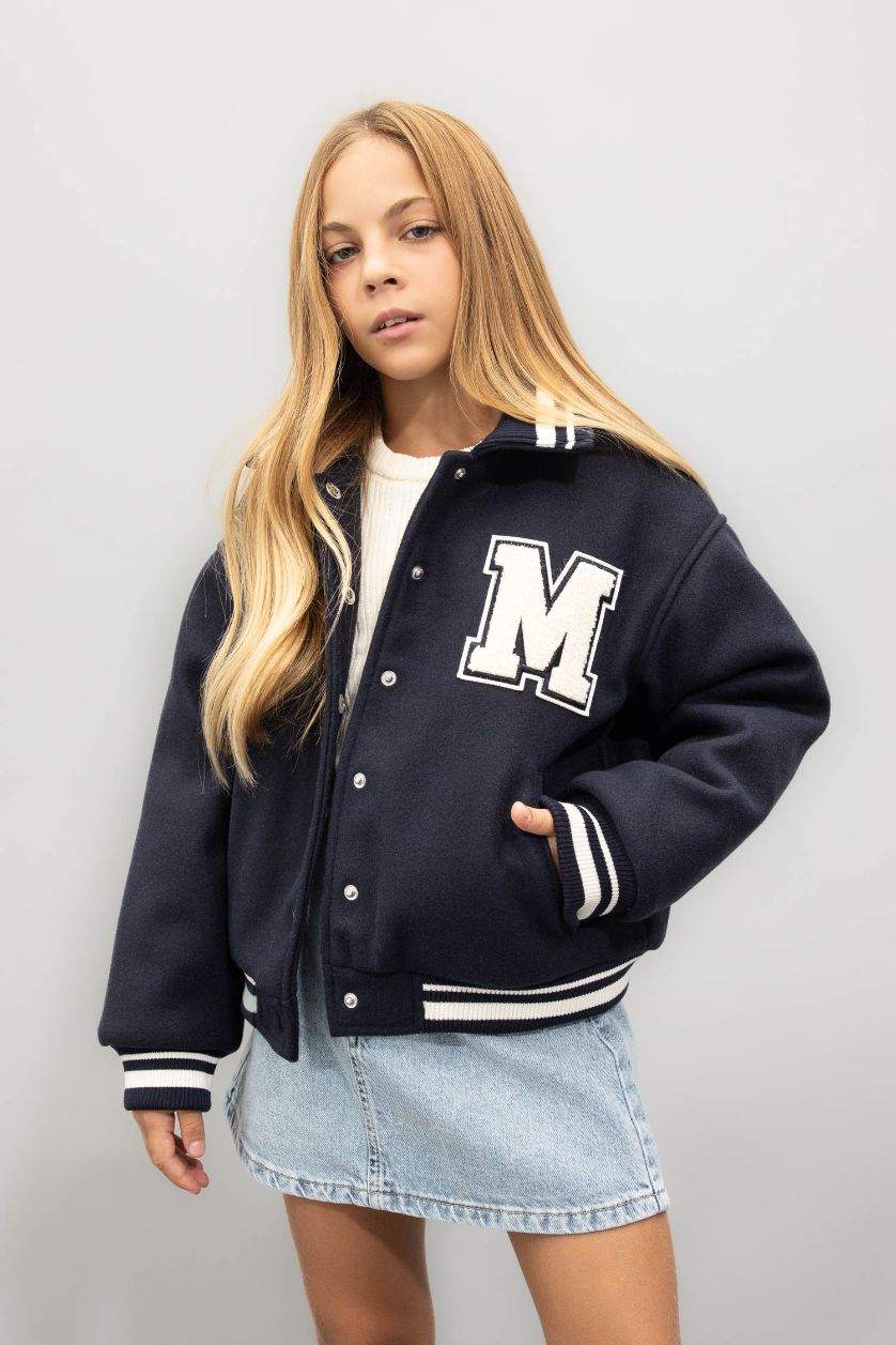 Kız Çocuk - Genç Kız Lacivert Yazı Baskılı Çıtçıtlı Ribana Kollu Kolej Mont Kız Çocuk