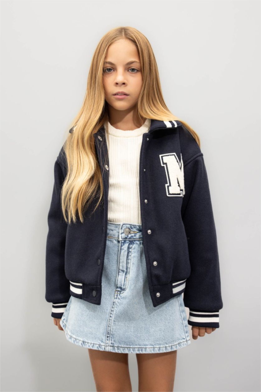 Kız Çocuk - Genç Kız Lacivert Yazı Baskılı Çıtçıtlı Ribana Kollu Kolej Mont Kız Çocuk