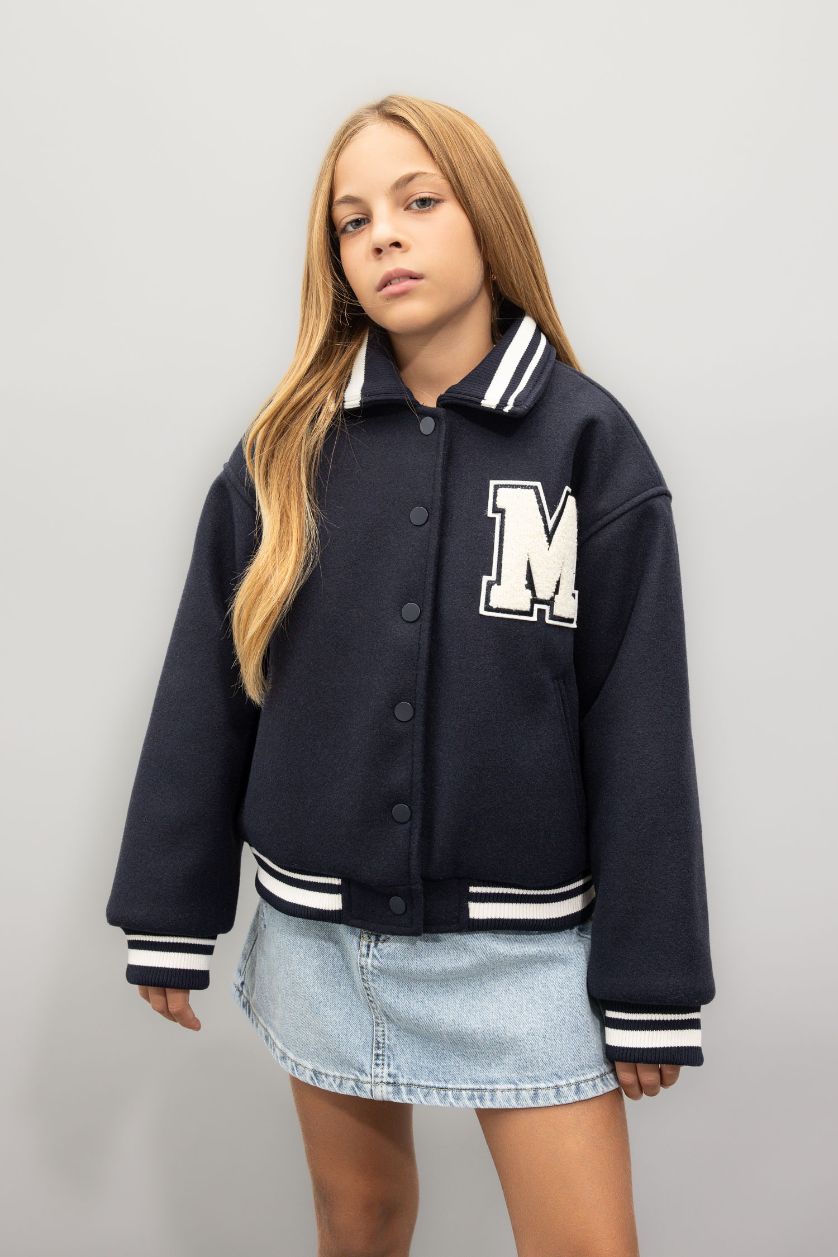 Kız Çocuk - Genç Kız Lacivert Yazı Baskılı Çıtçıtlı Ribana Kollu Kolej Mont Kız Çocuk