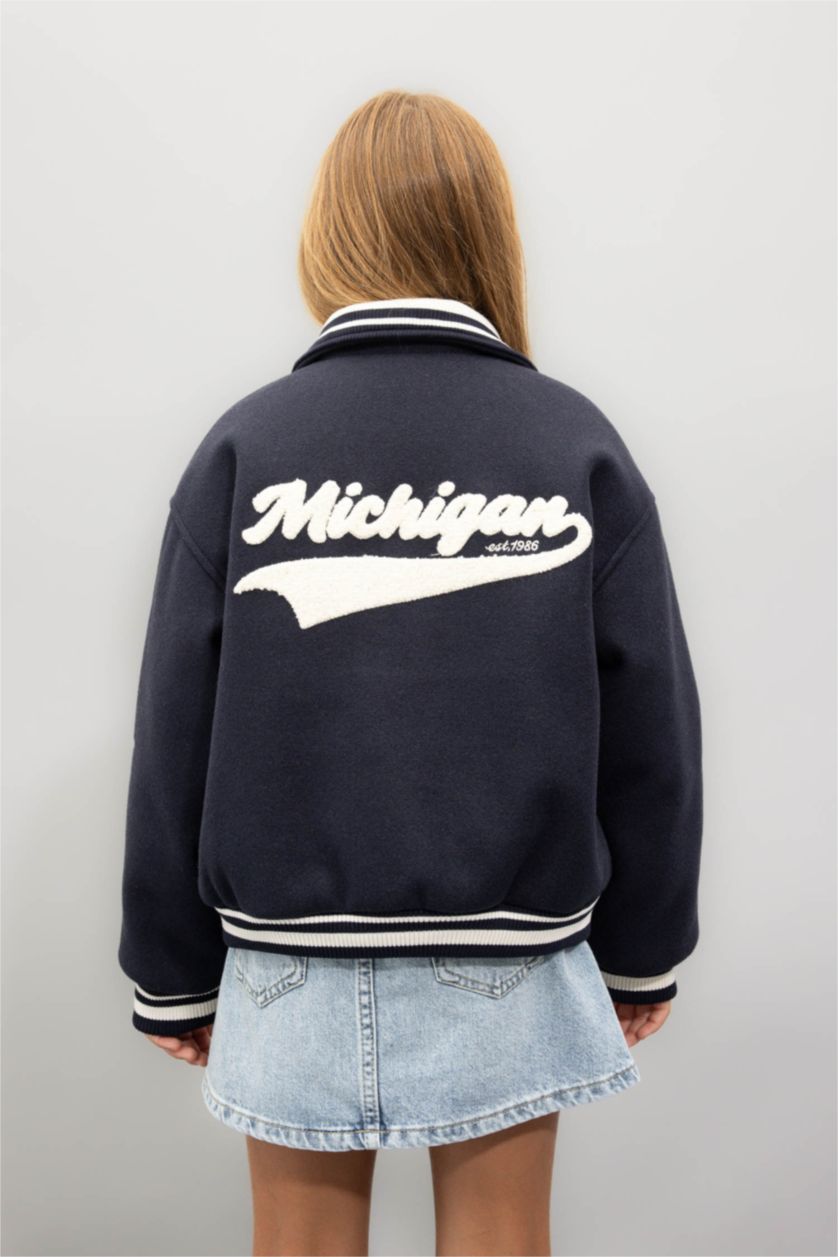 Kız Çocuk - Genç Kız Lacivert Yazı Baskılı Çıtçıtlı Ribana Kollu Kolej Mont Kız Çocuk