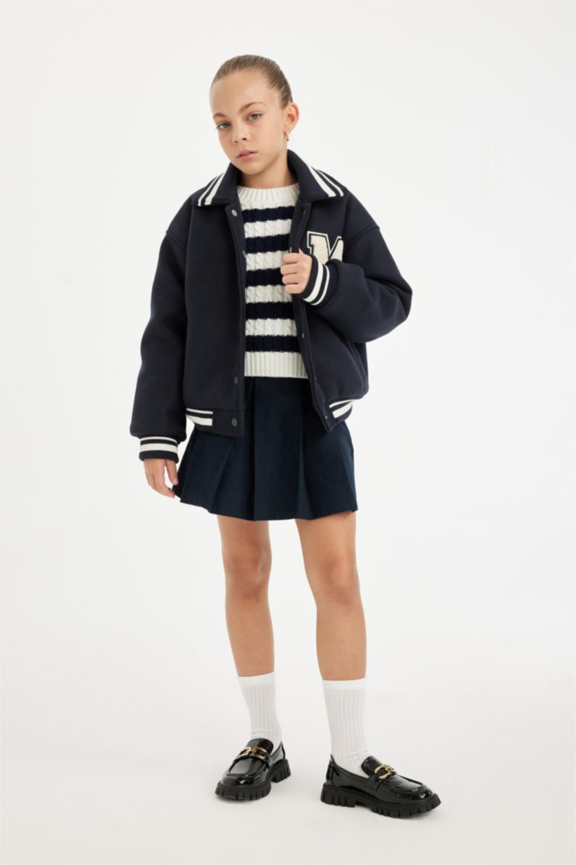Kız Çocuk - Genç Kız Lacivert Yazı Baskılı Çıtçıtlı Ribana Kollu Kolej Mont Kız Çocuk