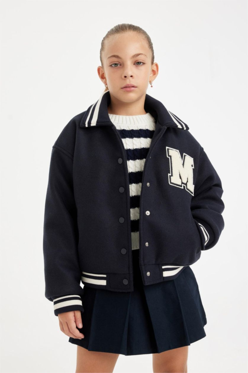 Kız Çocuk - Genç Kız Lacivert Yazı Baskılı Çıtçıtlı Ribana Kollu Kolej Mont Kız Çocuk