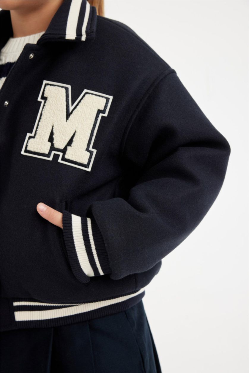 Kız Çocuk - Genç Kız Lacivert Yazı Baskılı Çıtçıtlı Ribana Kollu Kolej Mont Kız Çocuk