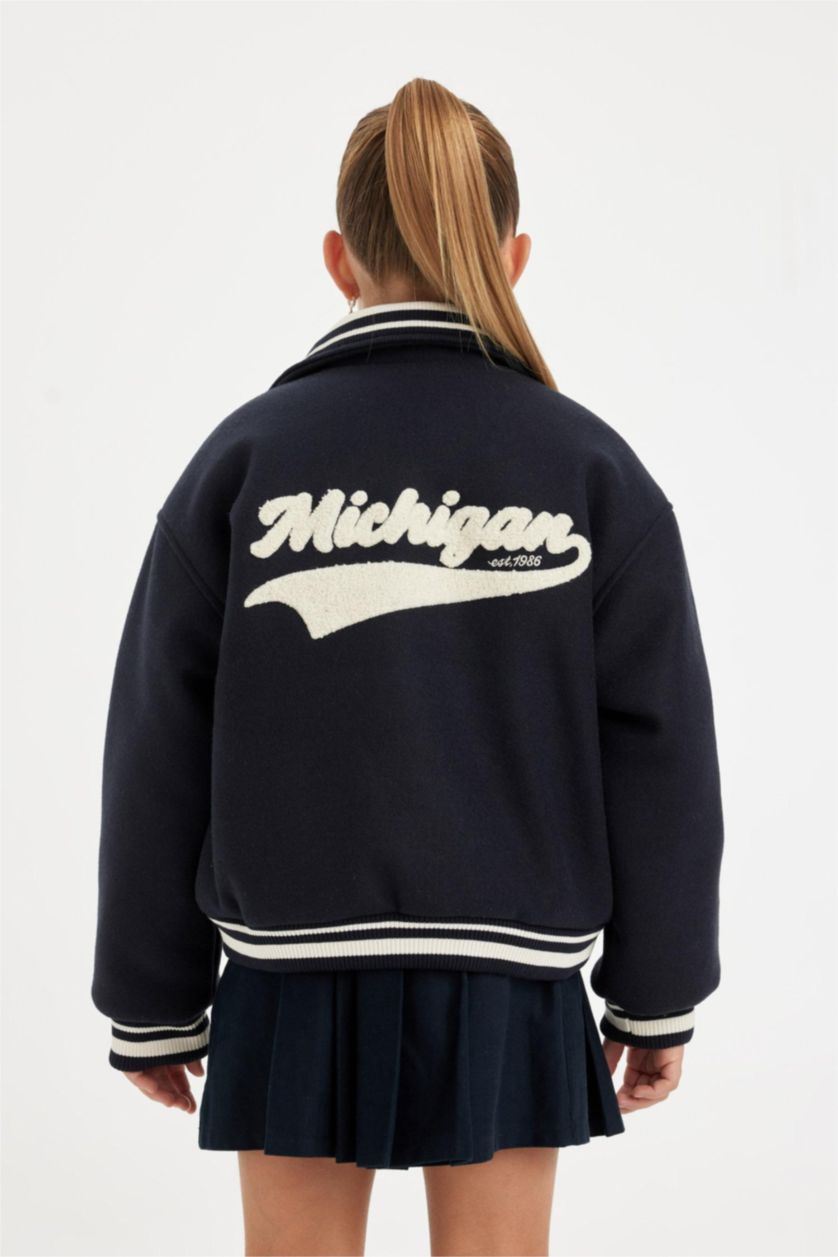 Kız Çocuk - Genç Kız Lacivert Yazı Baskılı Çıtçıtlı Ribana Kollu Kolej Mont Kız Çocuk